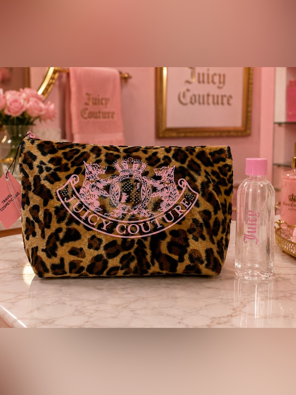 Juicy Couture Leopard Print Travel Cosmetic Bag w/ Bonus Toiletry Bottle